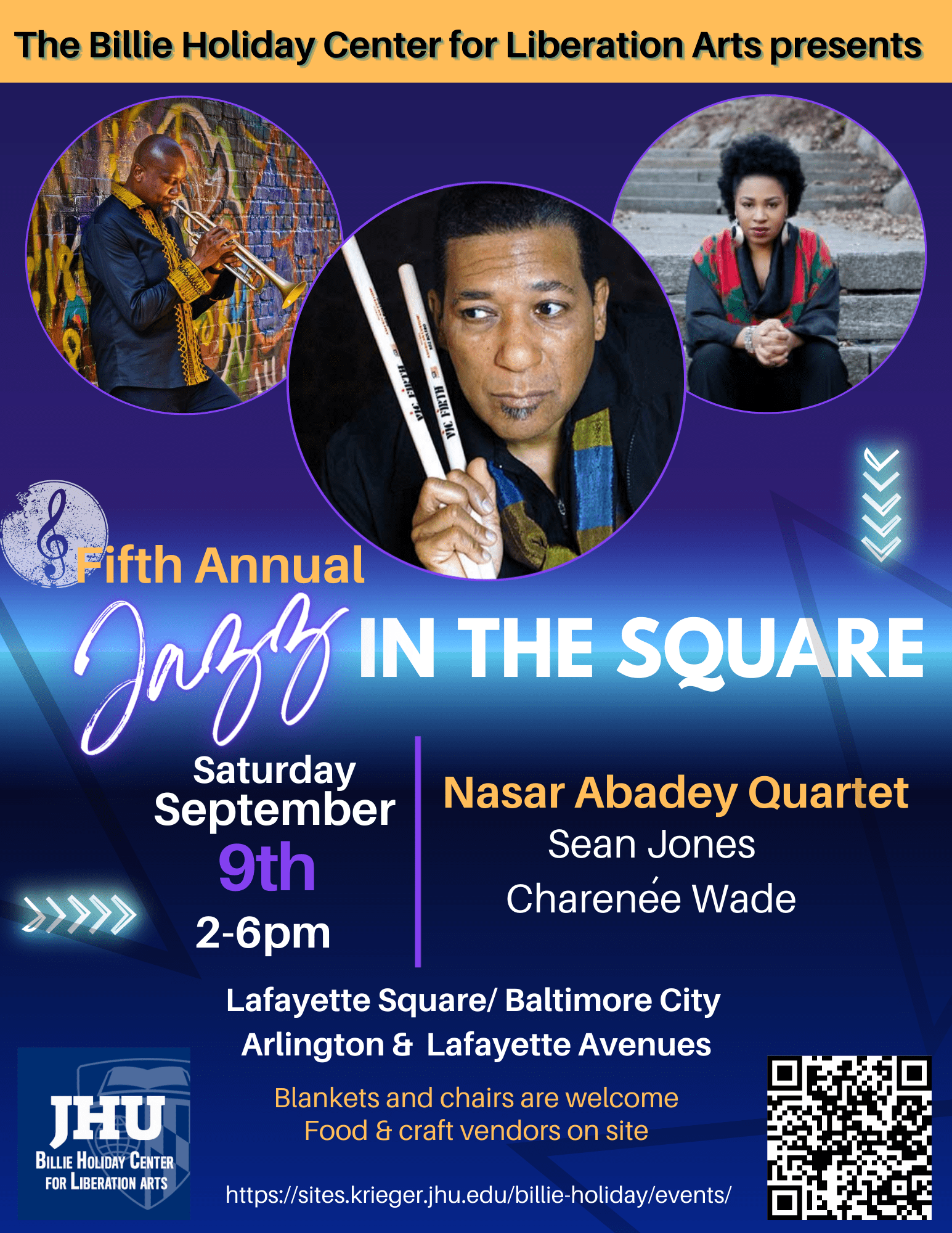 Jazz in the Square flyer with circles showing a man playing trumpet, a man with drumsticks and a woman sitting on steps