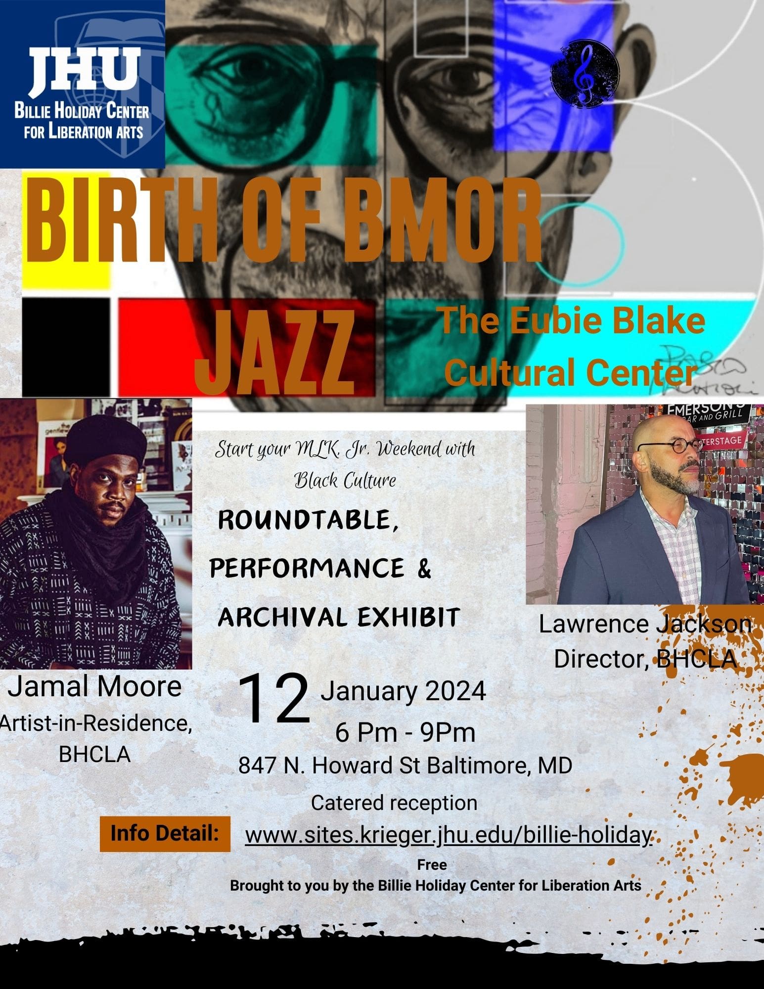 flyer for the Birth of Jazz event with Jamal Moore and Larry Jackson's headshots