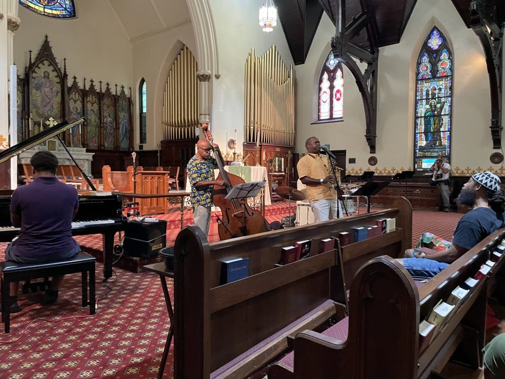 Jazz band in the sanctuary of a church