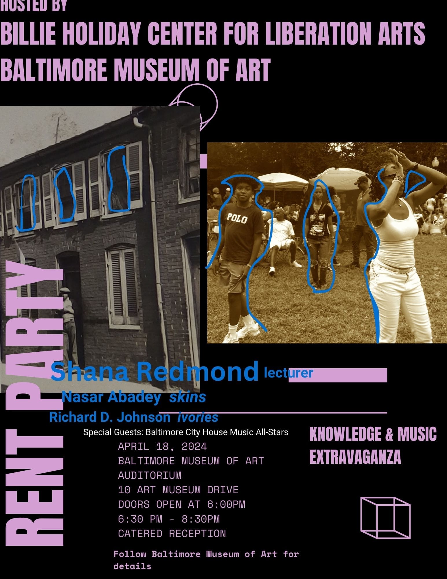 Rent Party event flyer with an archival photo of a person in front of a rowhome and people dancing outside at a recent concert