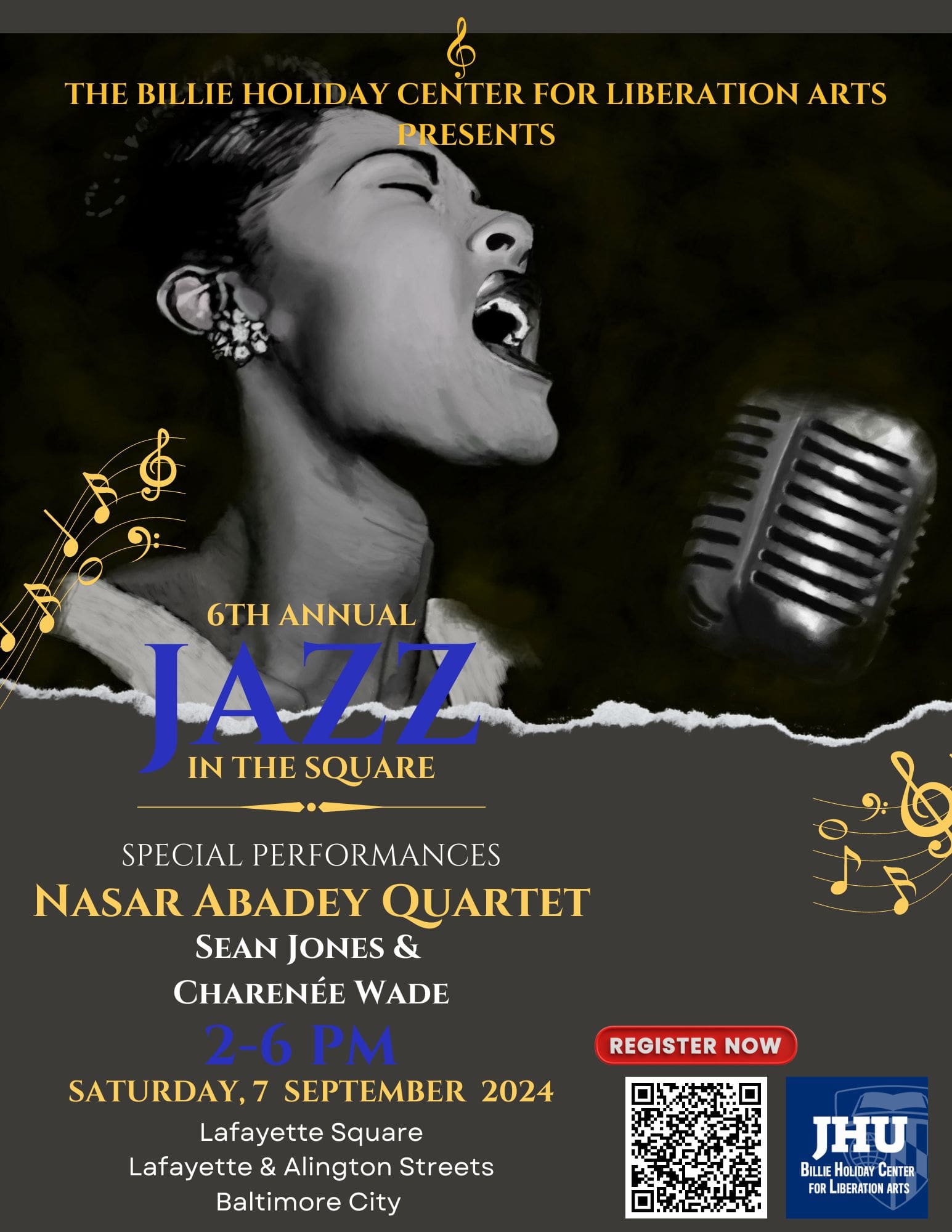 billie holiday jazz flyer with black and white background of Billie singing into a microphone