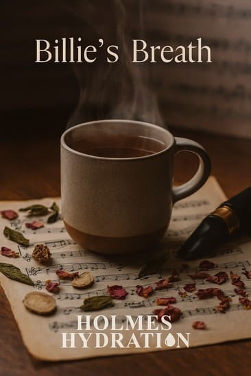 Image of a hot tea cup on top of a music sheet with tea leaves spread around the cup and a pen on the right hand side. The text reads "BIllie's Breath Holmes Hydration"