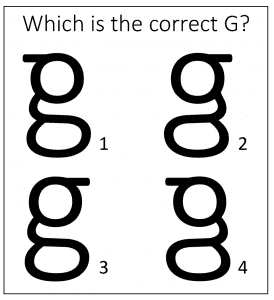 Which is the correct G? Four lower-case g's with different configurations.