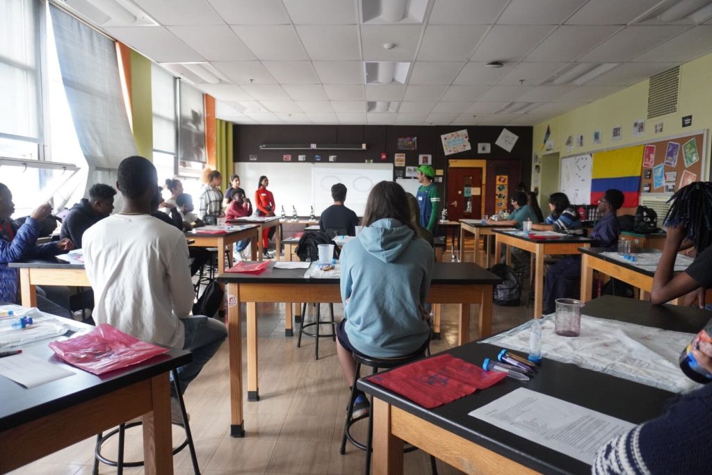Students in a classroom listen to a presentation about types of bacteria