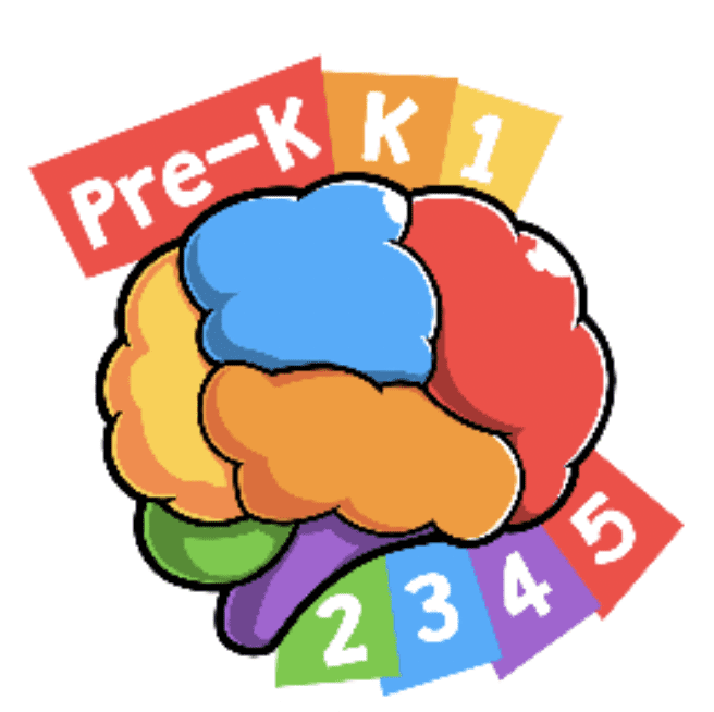 A multi-colored brain and the text "Pre-K, K, 1, 2, 3, 4, 5"