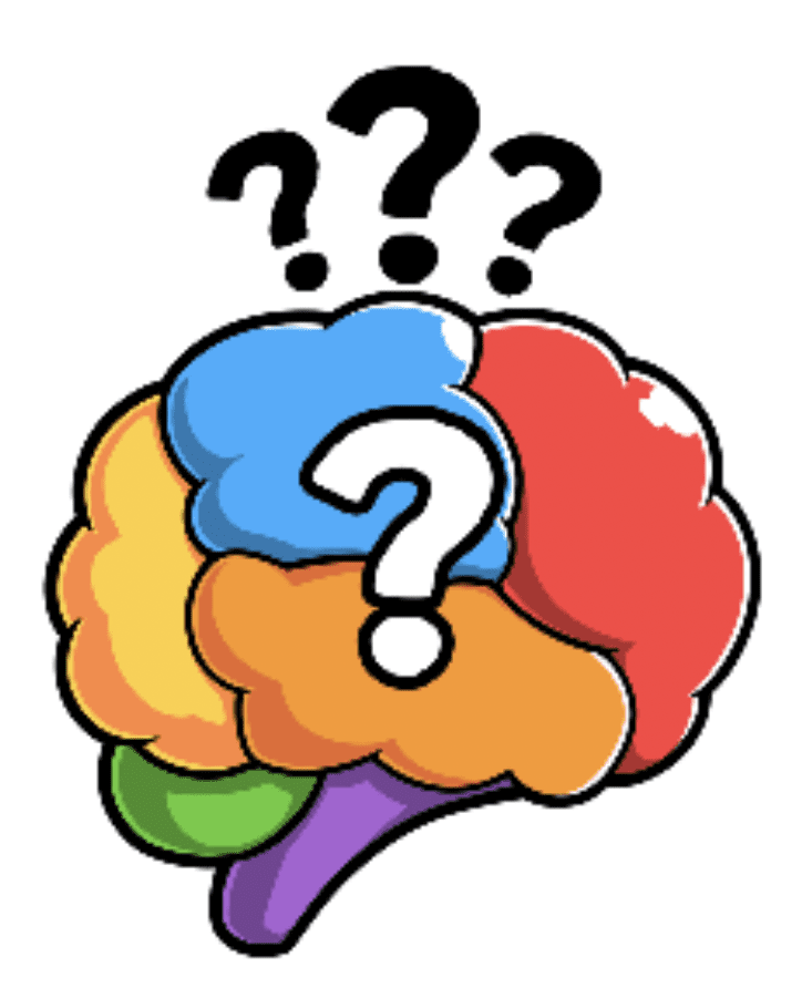 A multicolored brain with a "?" in the middle and "???" on the top of the brain