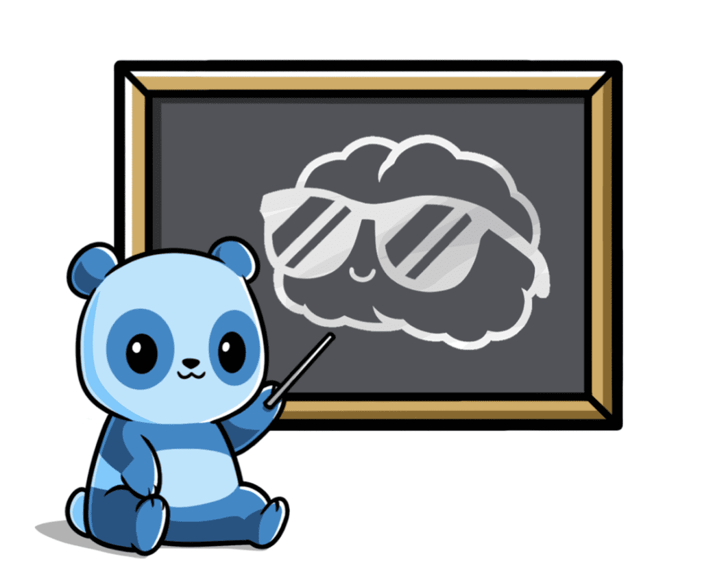 PJ the Panda holding a pointer and pointing to a chalkboard with a picture of a brain with sunglasses on the chalkboard.