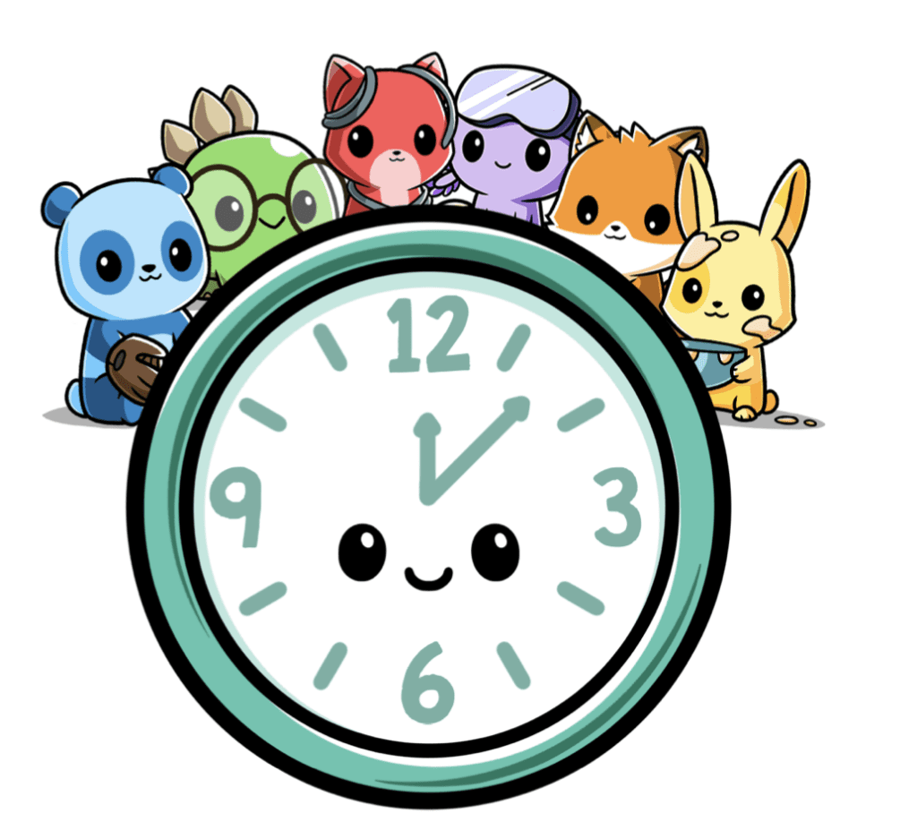 A clock with a smiley face and the 6 characters, PJ, Denny, Fran, Axo, Fran, and Rain, on top of the clock.