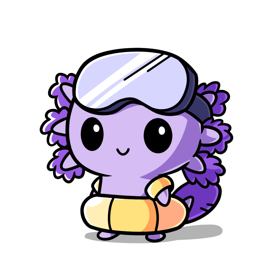 Kindergarten Axo the Axolotl wearing goggles and a flotation device.