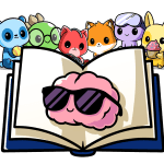 An open book with a brain wearing sunglasses in the middle, with the six 1st Grade characters at the top of the book.