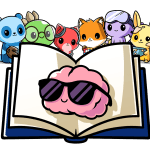 An open book with a brain wearing sunglasses in the middle, with the six second grade characters at the top of the book.