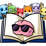 An open book with a brain wearing sunglasses in the middle, with the six third grade characters at the top of the book.
