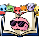 An open book with a brain wearing sunglasses in the middle, with the six Kindergarten characters at the top of the book.