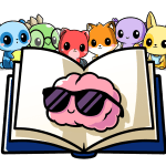 An open book with a brain wearing sunglasses in the middle, with the six Pre-Kindergarten characters at the top of the book.