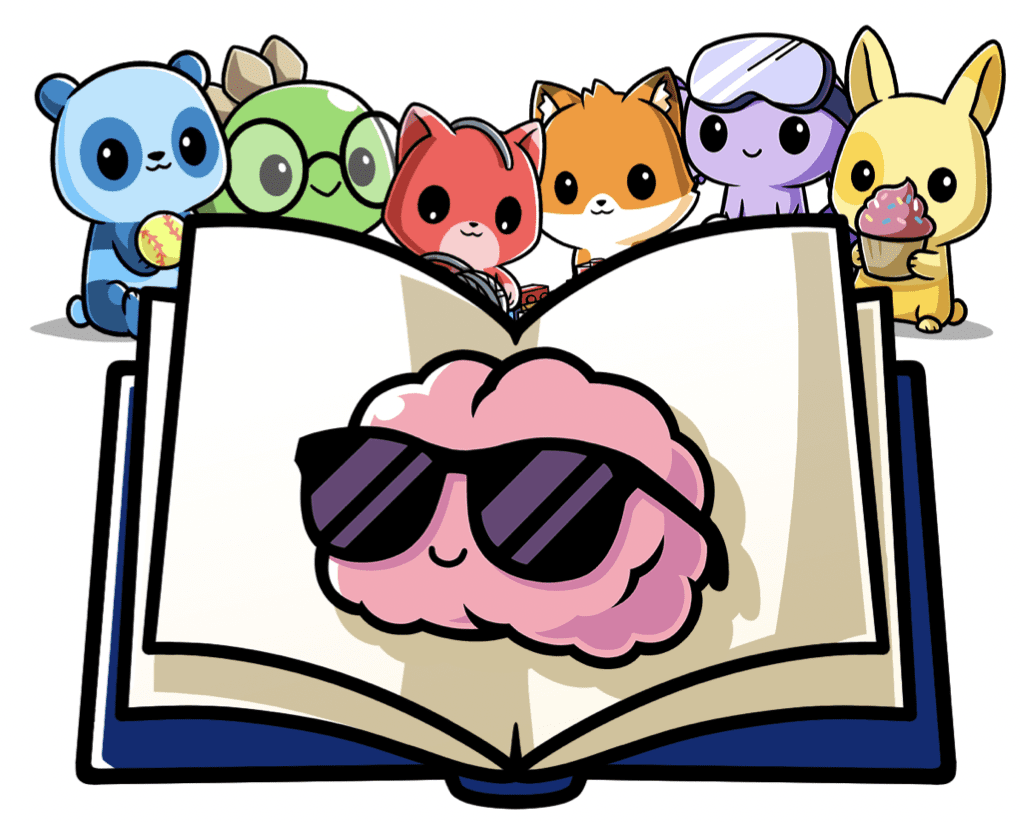 A brain with sunglasses in the middle of an open book with the six characters at the top of the book.
