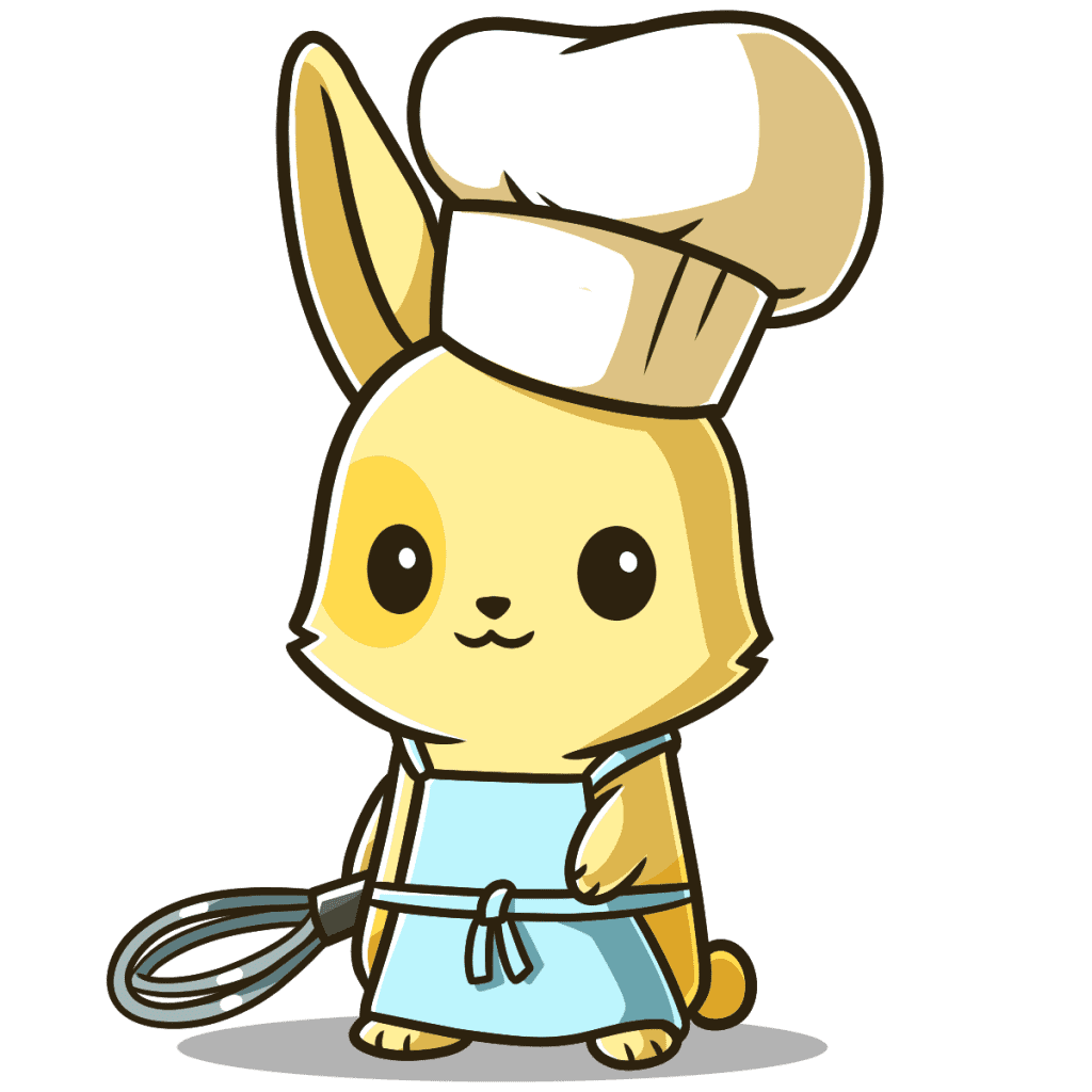 5th Grade Rain the Rabbit wearing a chef's hat and an apron and holding a whisk.
