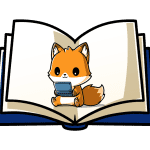 Third grade Fran the Fox holding a tablet in the middle of an open book.