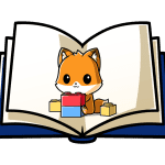 Kindergarten Fran the Fox playing with building blocks in the middle of an open book.