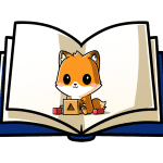 Pre-Kindergarten Fran the Fox playing with building blocks in the middle of an open book.