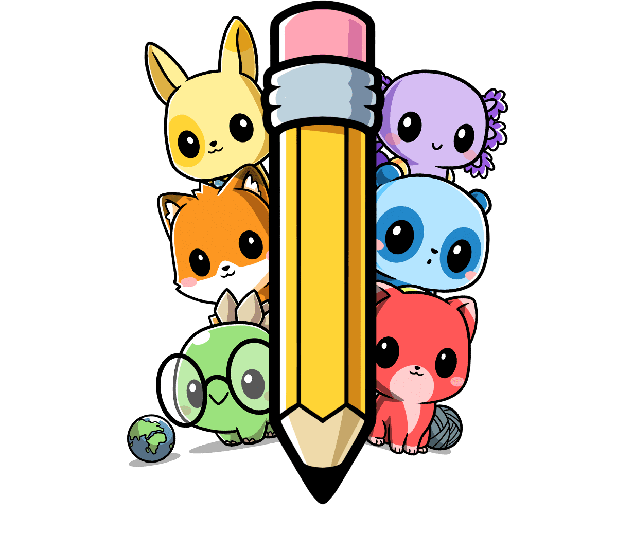 A pencil with the six pre-kindergarten characters on either side of the pencil.