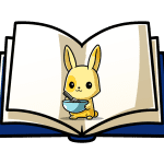 Third grade Rain the Rabbit holding a bowl with a whisk in the middle of an open book.