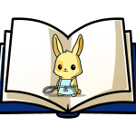 Fourth grade Rain the Rabbit wearing an apron and holding a whisk in the middle of an open book.