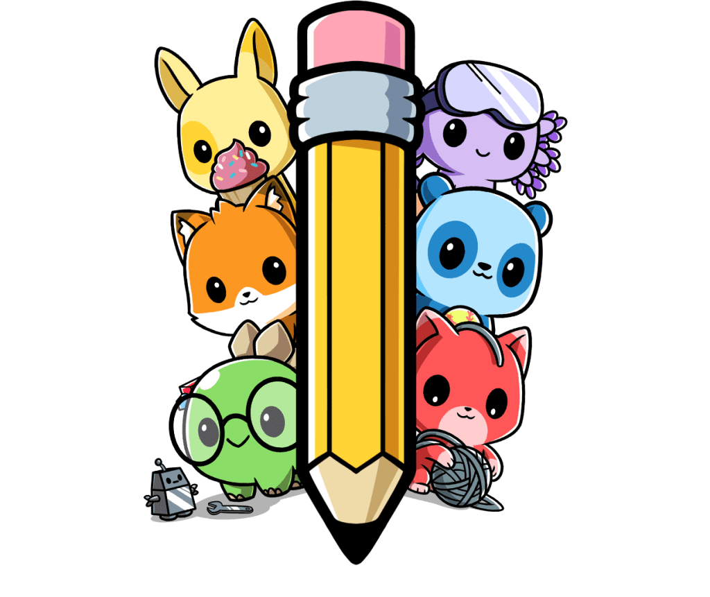 A pencil with the six 1st grade characters on either side of the pencil.