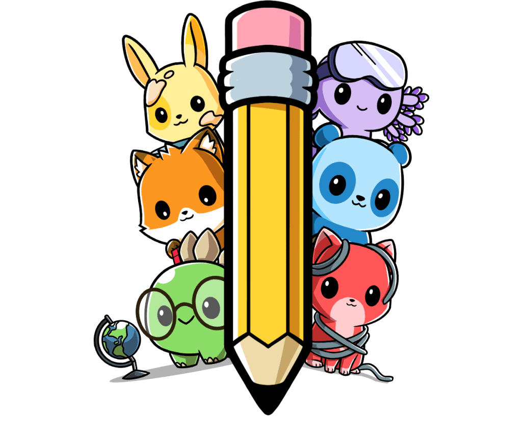 A pencil with the six 2nd grade characters on either side of the pencil.
