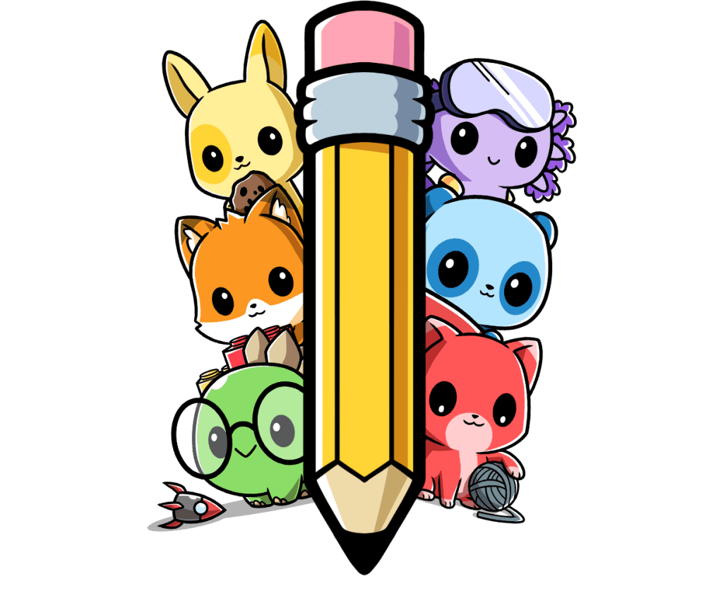 A pencil with the six kindergarten characters on either side of the pencil.