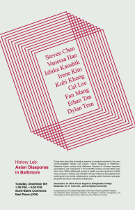 Red and grey geometric image with names of nine speakers listed for History Lab: Asian Diasporas in Baltimore