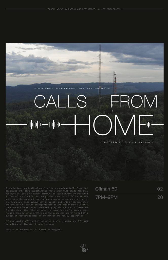 Poster for Calls From Home by Sylvia Ryerson featuring green, tree-covered hillside with radio towers at the top above black background with grey and white text. The description of the film on the poster matches what is on this page.