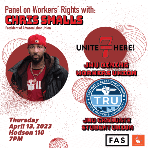 Panel on Workers' Rights with Chris Smalls, depicting Smalls as well as logos for Unite Here and TRU