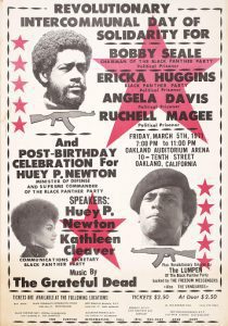 Poster for Revolutionary Day of Solidarity, with red star beneath text, and photos of Bobby Seale, Huey Newton, and Kathleen Cleaver