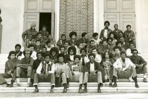 Black students on the steps of Shriver Hall, 1972