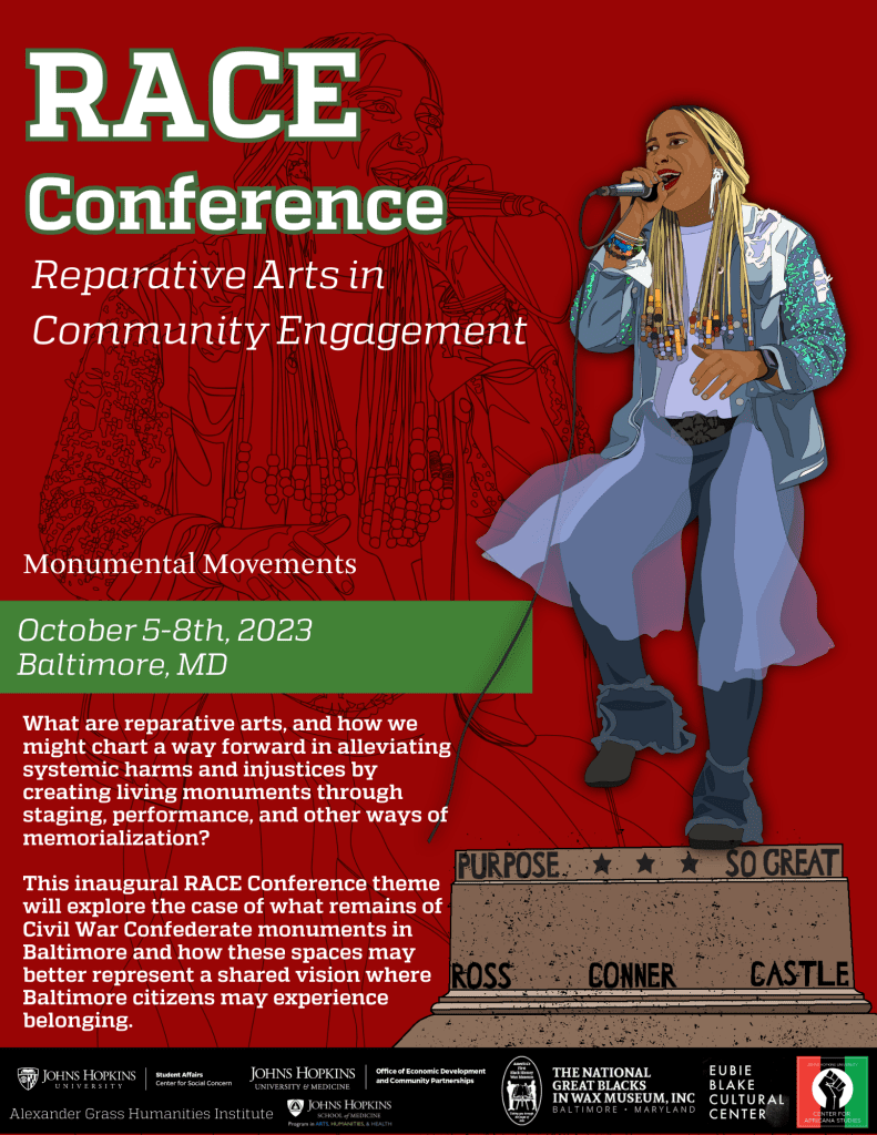 RACE Conference poster, red background with drawing of Black woman singing and tap-dancing on a pedestal of a removed Confederate monument, as well as white text describing conference