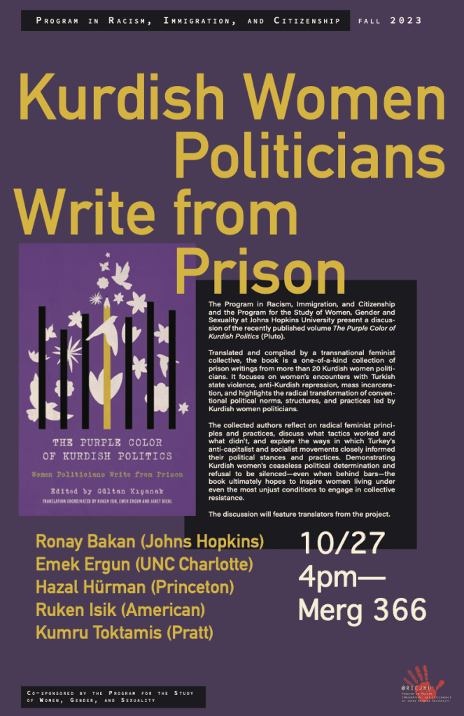 Poster for roundtable of translators of The Purple Color of Kurdish Politics Women Politicians Write from Prison, with purple background and text description from this page.