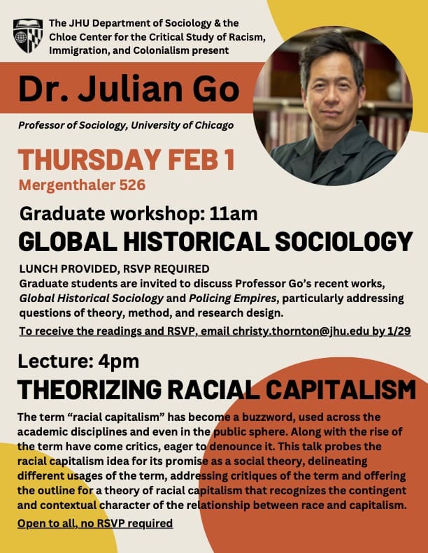 Flyer for Julian Go Workshop and Lecture with photo and descriptions