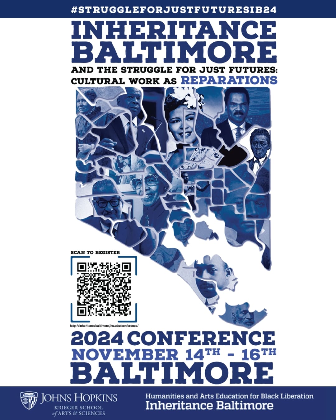 Inheritance Baltimore conference logo with map of Baltimore city composed of figures in Black history, with conference details written above and below