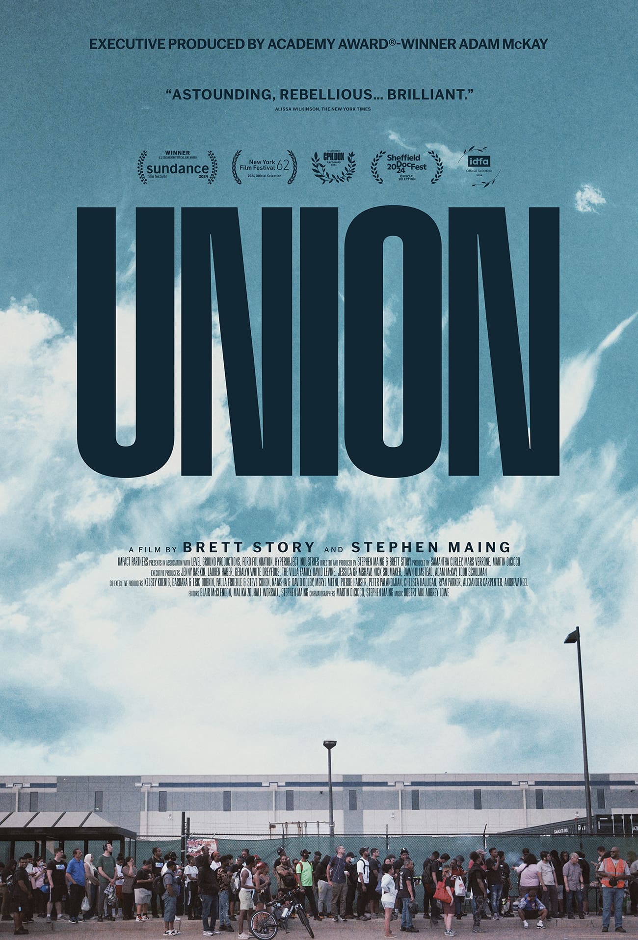 Poster for Union with the title in large black letters in sky over Amazon warehouse