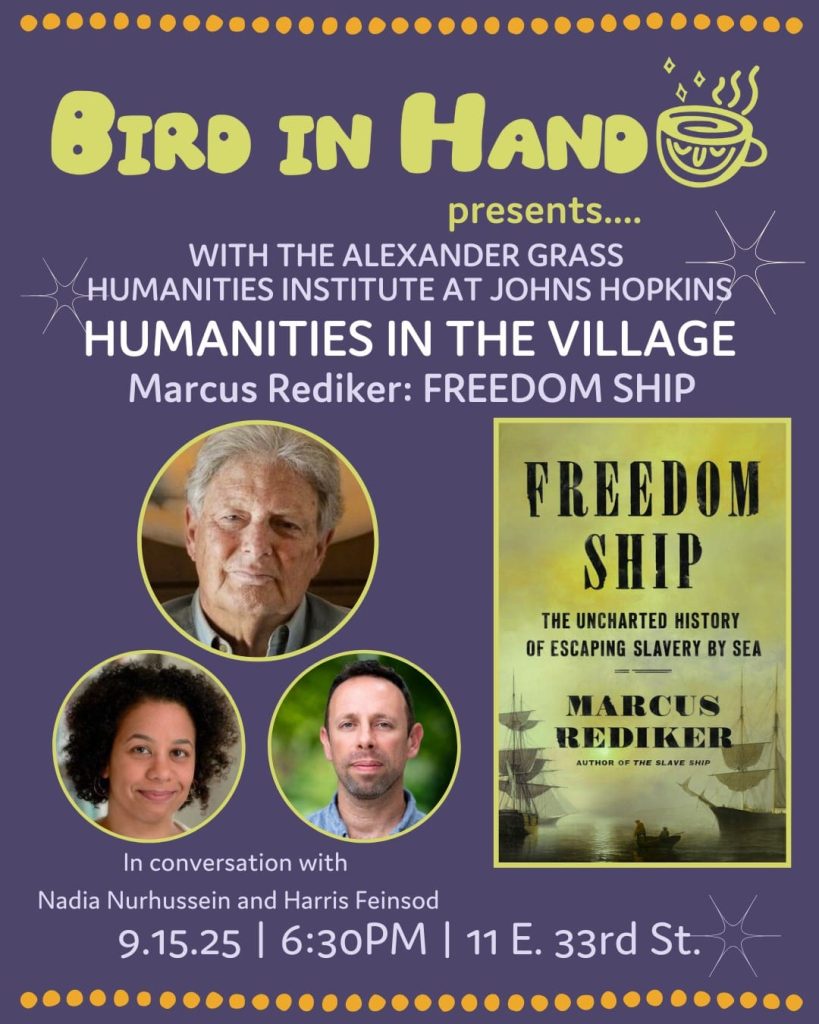 purple event poster with headshots of three presenters and the cover of Freedom Ship
