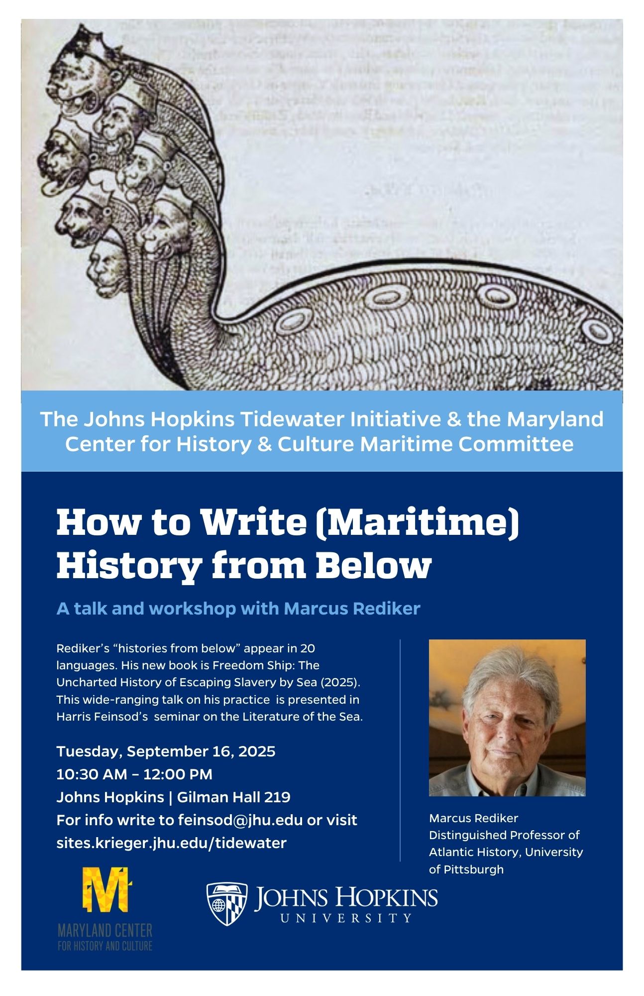 Flyer for Marcus Rediker event "How to Write (Maritime) History from Below." Features 1658 image of many-headed hydra and headshot of the speaker.