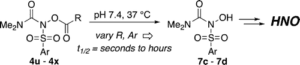 N,O-bis-acylated hydroxylamine derivatives generate HNO with a half life ranging from a few seconds to hours