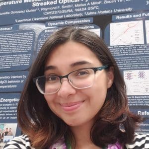 Junellie Gonzalez Quiles in front of her poster, entitled "Temperature Measurements of the MgO [111] Hugoniot using Streaked Optical Pyrometry", at the 2019 SACNAS conference in Honolulu, HI.