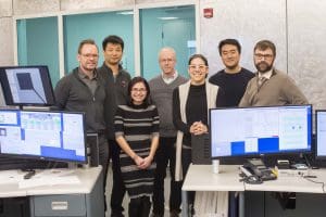(left to right): Physics R. Smith (LLNL), Donghoon Kim (Princeton), Junellie Gonzalez Quiles (U. Maryland), Tom Duffy (Princeton), June Wicks (Johns Hopkins), Sirus Han (Princeton), David Canning (LLE), at the OMEGA EP Laser System of the Laboratory for Laser Energetics (LLE), University of Rochester, NY. Crystal Structure of Planetary Building Blocks campaign, April 1, 2018