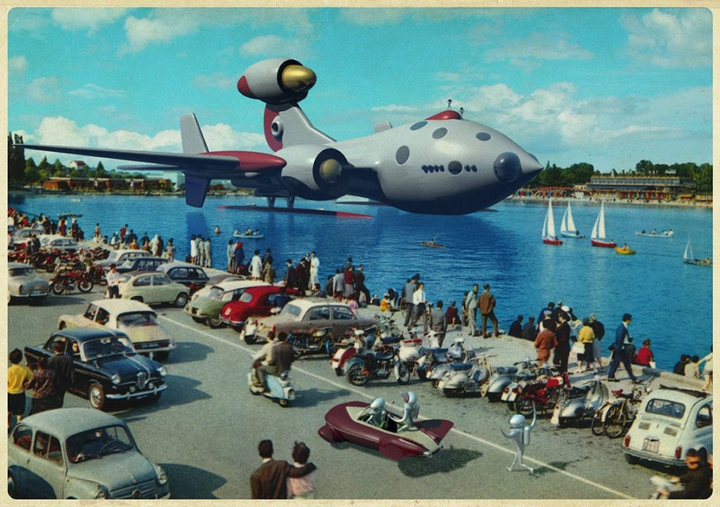 a spaceship landing in a late with boat and old cars