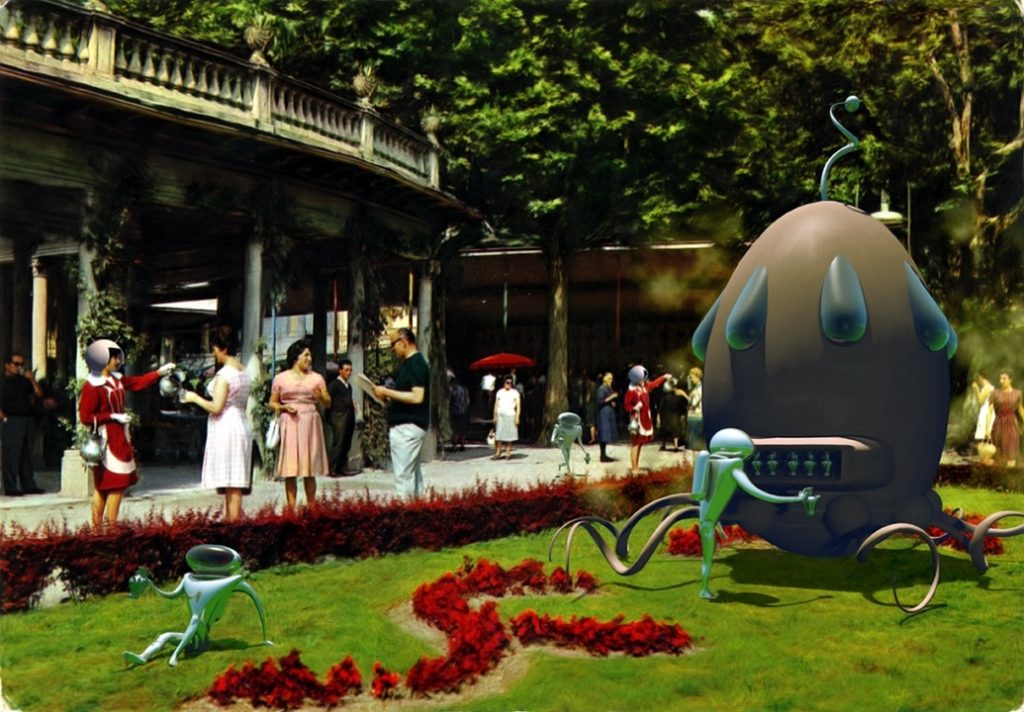 aliens and humans at a garden party