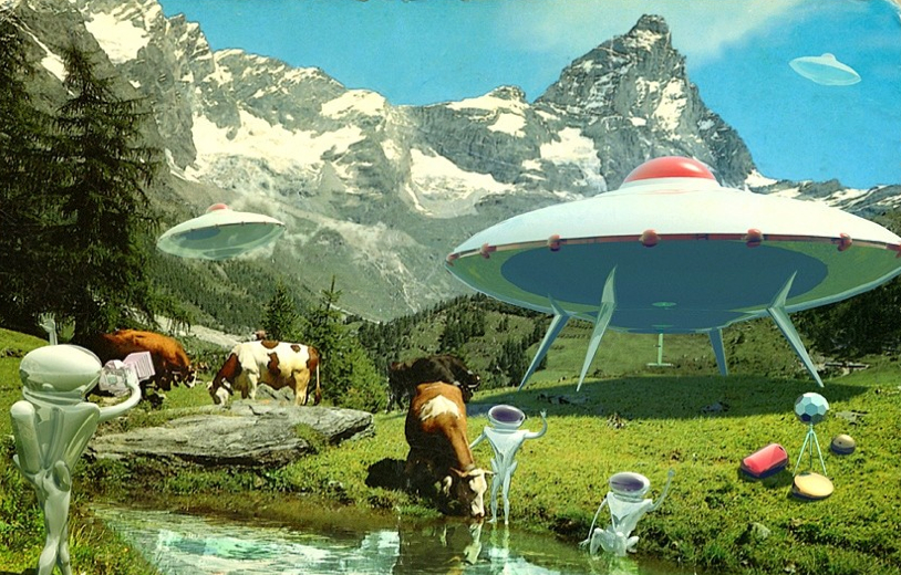 collage by Brambilla of a flying saucer in the alps
