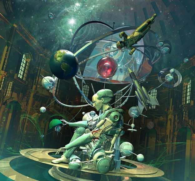 a robot and armillary sphere