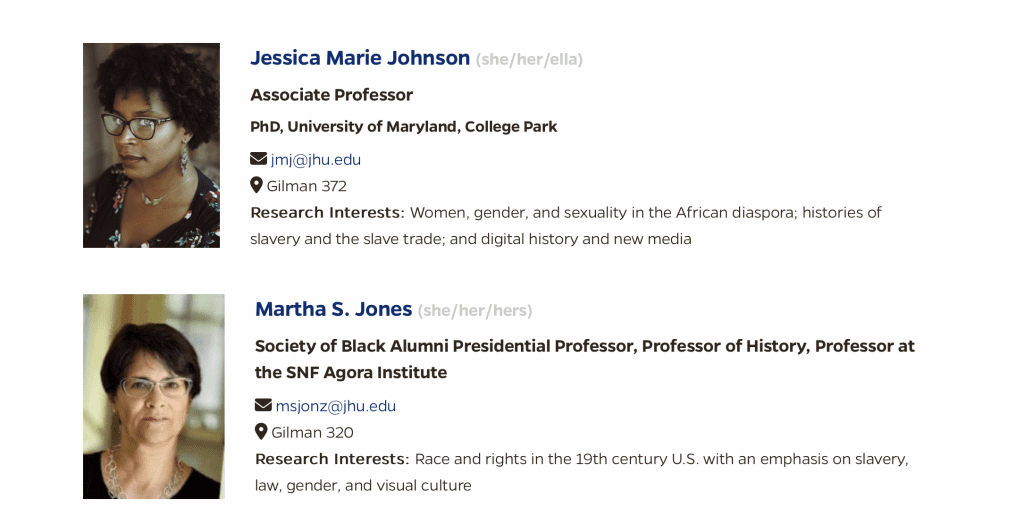 directory showing two professors with pronouns listed next to their names